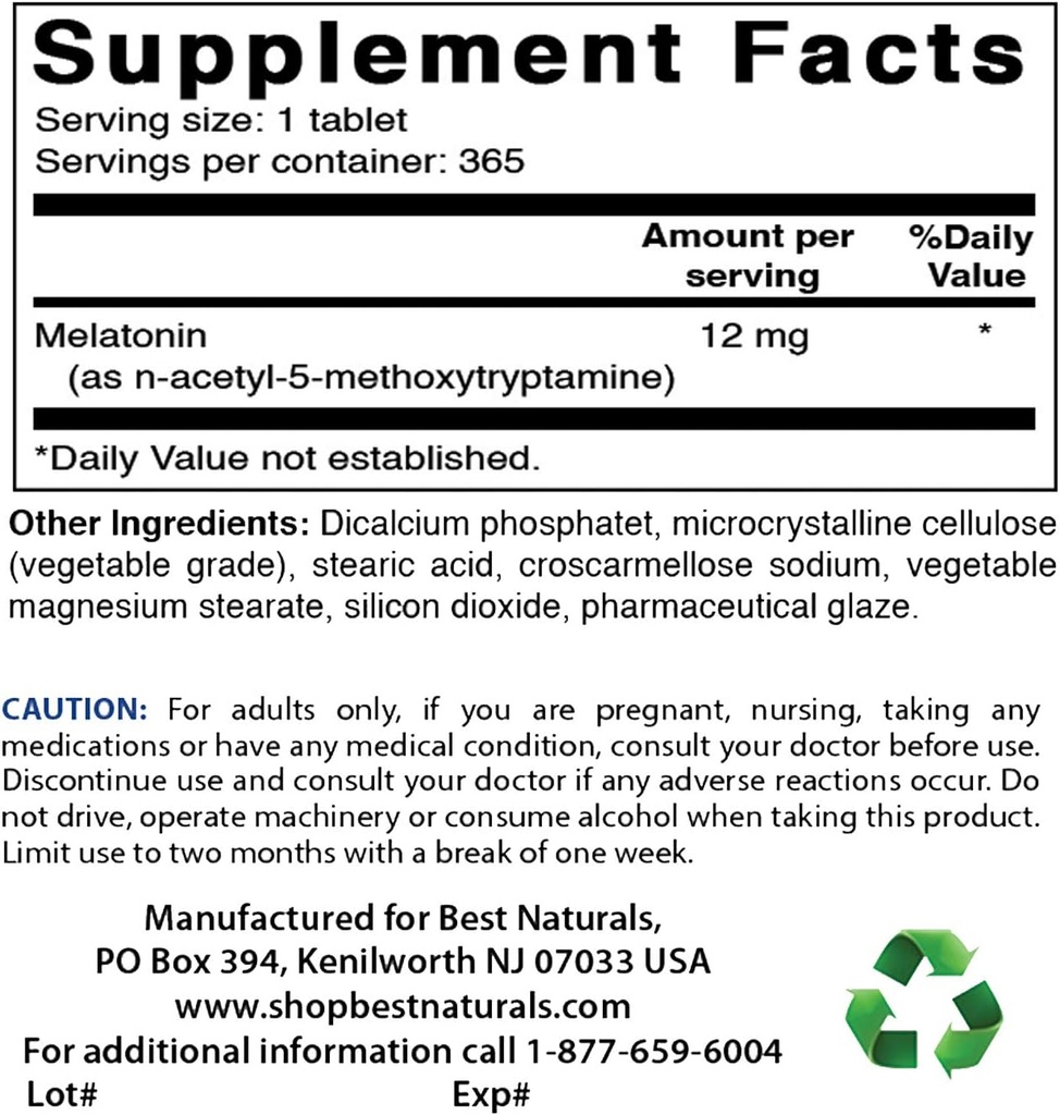 Best Naturals Melatoniini 12 mg & Biotiini 10 000 Mcg