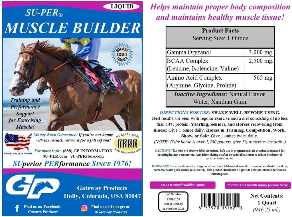 SU-PER Muscle Builder Horse täydentää - koulutus ja suorituskyky tuki harjoituslihas - 1 Gallon + Pump