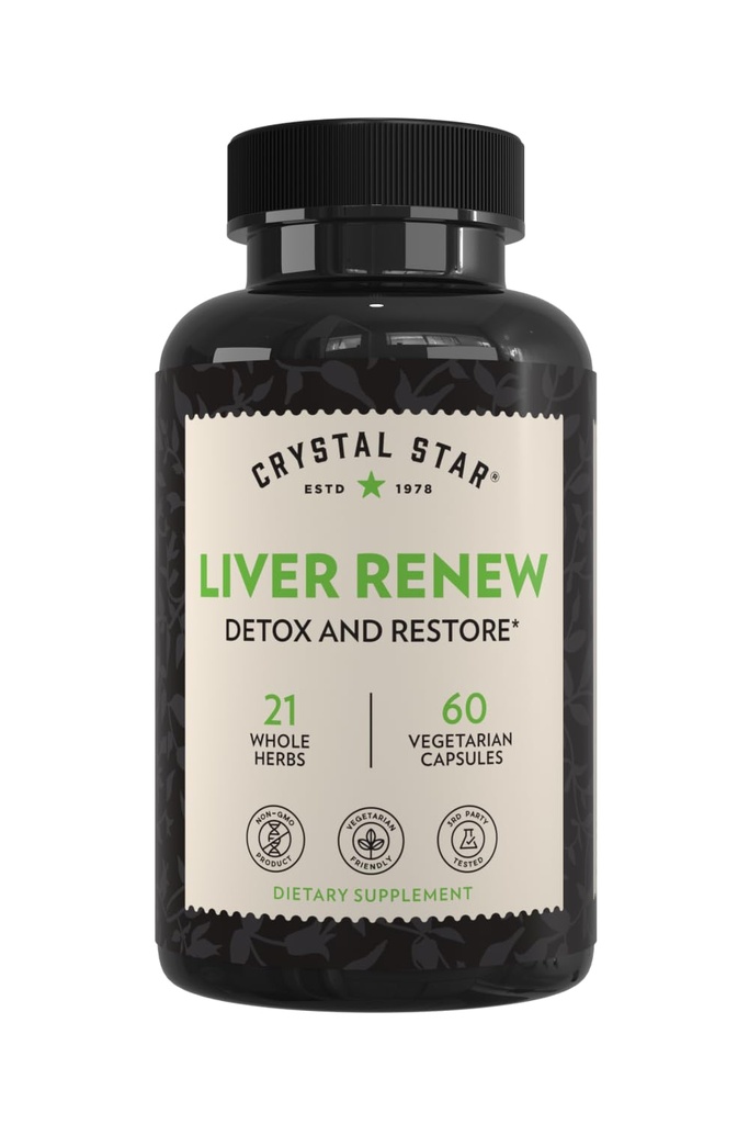Crystal Star Liver Renew, 60 kapselia, Herbal Liver Cleanse Supplement, joka tukee normaalia maksan toimintaa ja edistää toksiinin vapautuminen - Milk Thistle, ei-GMO