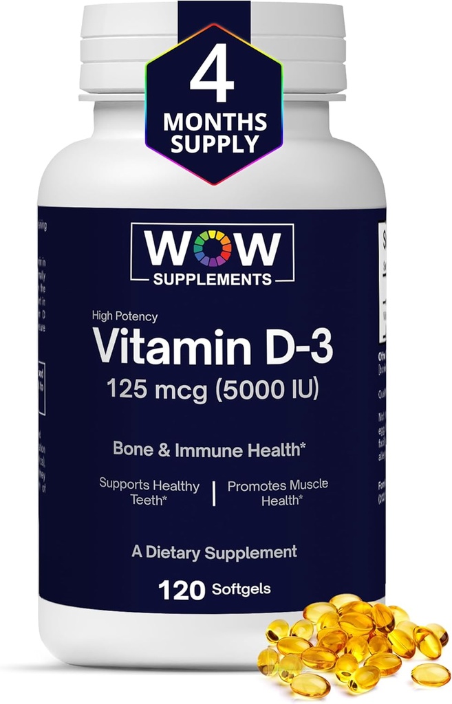 WOW lisäravinteet D3-vitamiini 5000 IU Softgels, 125 mikrog - D3-vitamiini 5000 IU Supplement for Strong Bones and Immune Support - non-GMO, Gluteeniton D-vitamiini 5000 IU - VIT D3 5000 IU Softgels - 120 Count
