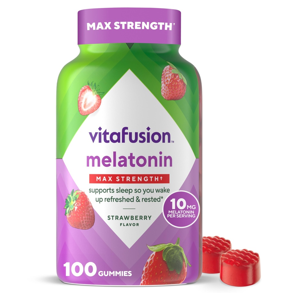 vitafuusio Max Vahvuus 10 mg melatoniinin Gammat, mansikan makuinen, aikuisen melatoniinin Gummy- vitamiinilisä, 100
