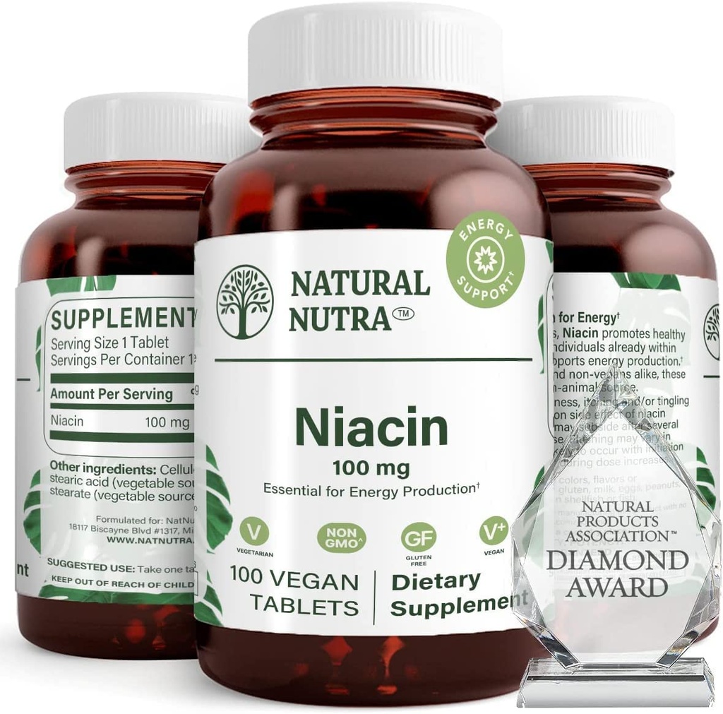 Natural Nutra Niacin täydentää energia, auttaa säilyttämään kehon rasvat, parantaa digestiota, edistää ihon terveyttä, Boost energiaa ja aivojen toimintaa, ei-GMO, Gluteeniton, 100 mg, 100 tablettia (paketti 2)