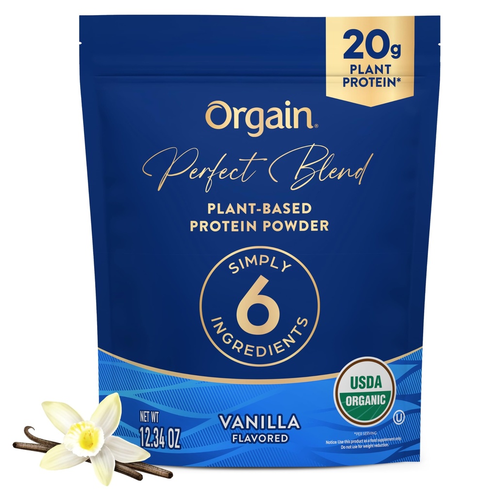 Orgain Organic Vegan Perfect Blend Protein Powder, 20g Clean Plant Protein, 6 Ingredienser, <1g Sugar, Gluten Free, Non-GMO; Inga konstgjorda smaker, Stevia Extract, Dairy eller Soy Ingredients- Vanilla