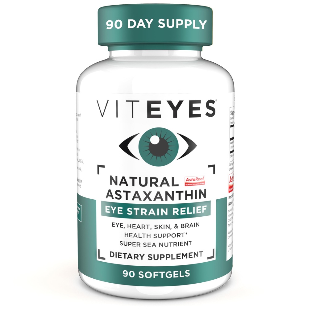 Viteyes Natural Astaksantiini, väsyneet silmät ja silmän kanta, lähde: Algae, ihon nesteytys, sydän ja aivot terveys, 4-8 mg Natural Astaksantiini, 90 Softgels