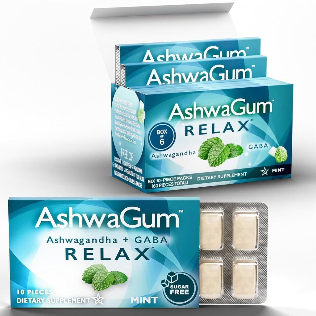AshwaGum RELAX Gum by BetterGum, High Potency Supplement KSM 66 Ashwagandha ja Gaba, tukee stressiä ja ahdistuneisuus helpotusta, Cortisol tuki, Vaihtoehto Gummies, Sokeriton, 10 Pieces - 6 Pack