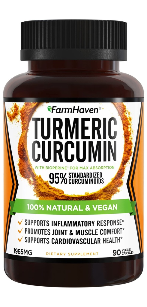 Kurkumaiini, jossa BioPerine Black Pepper & 95% Curcuminoids, 1965 mg, suurin absorptio yhteiseen tukeen, ei-GMO-kurkumalliset kapselit, valmistettu Yhdysvalloissa - 90 Veg Caps