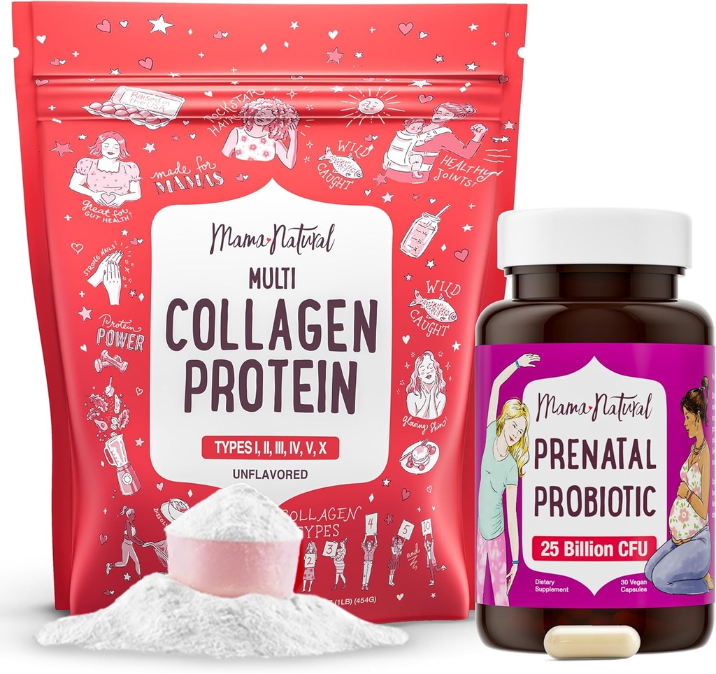 Mama Natural Prenatal Probiootti & Multi Collagen Protein Bundle - 25 miljardia PMY & 11g hydrolysoidut kollageenipeptidit raskauden, hiusten, ihon, kynsien ja ruoansulatuskanavan tukea