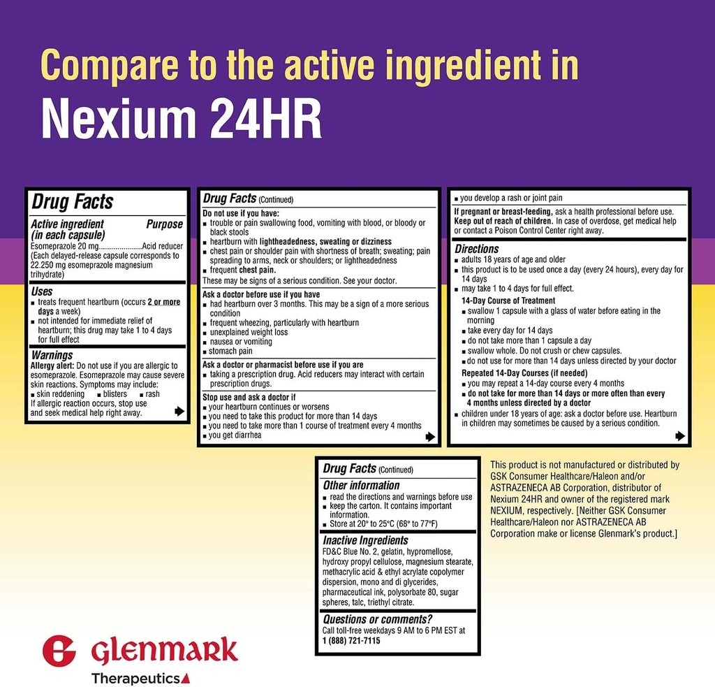 Glenmark Therapeutics Esomepratsoli Magnesium USP 20 mg, viivästyneet depotkapselit, toistuva närästys, 42 kapselia