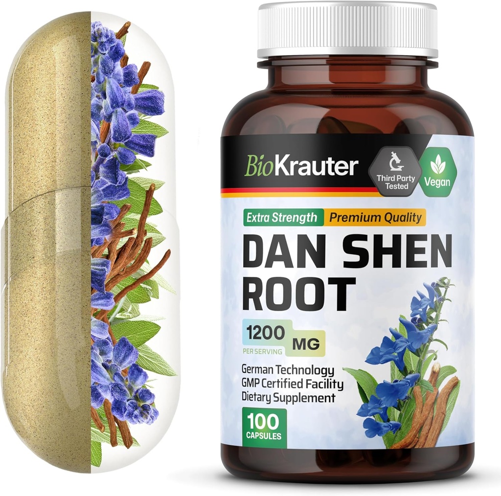 BIO KRAUTER Dan Shen Root Capsules - 1200 mg Styrka - 100 Red Sage Caps - Antioxidant Source - Salvia Miltiorrhiza Root - Vegan