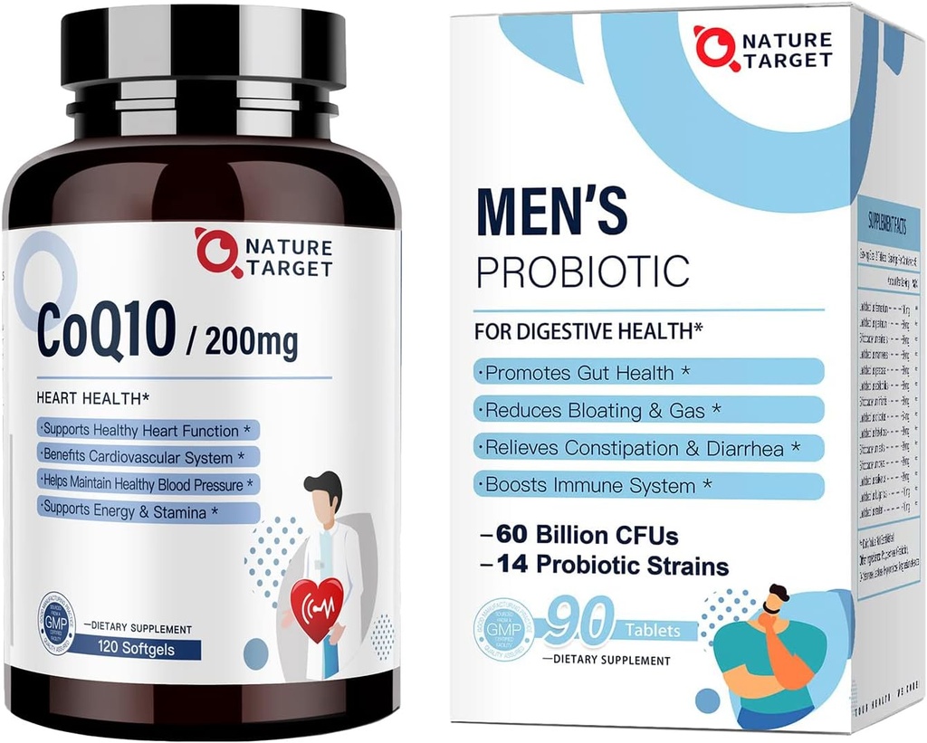 NATURE TARGET Probiotika för Män 60 miljarder CFUs14 Stammar & Q10 200mg Softgels med PQQ Antioxidant för hjärt-hälsa och energiproduktion