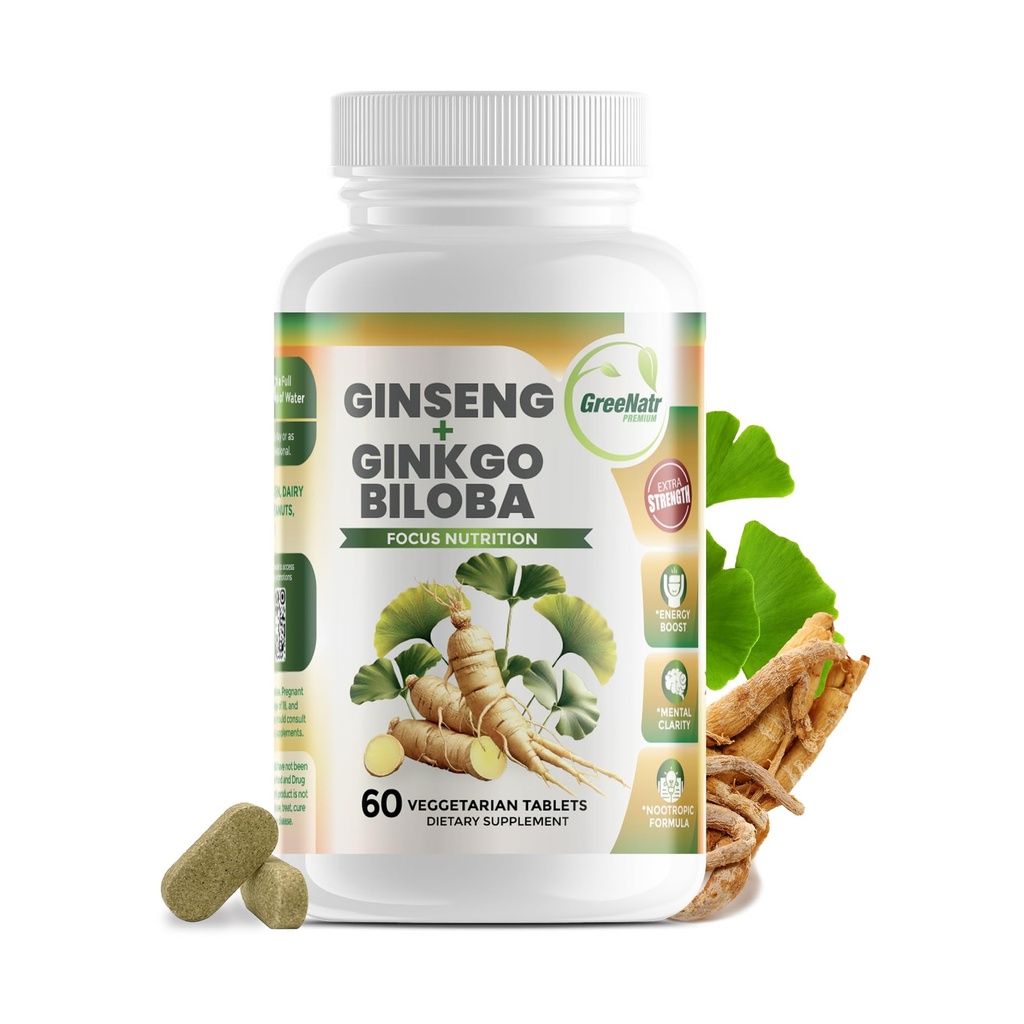 GreeNatr Ginko Biloba & Panax Ginseng Supplement - Red Ginseng Brain Supplement for Memory and Focus - Ginkgo Biloba Supplements for Good Vision, Immuunijärjestelmä ja parannettu veren virtaus - 60 tablettia