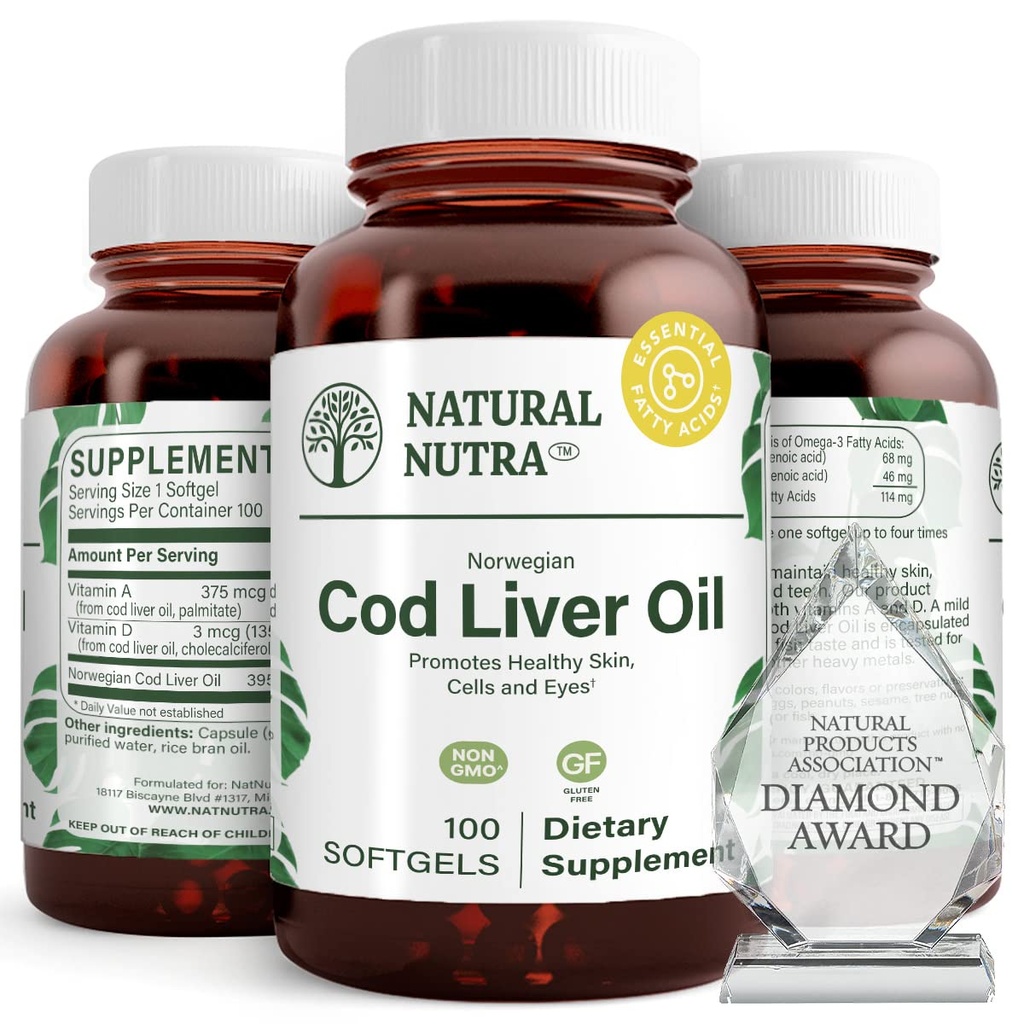 Natural Nutra Norwegian Cod Liver Oil Supplement, auttaa säilyttämään ihon, auttaa säilyttämään kehon tiheys, silmien terveys & hermofunktio, edistää hammasterveyden, tukee sydän- ja verisuoniterveys, 100 Softgels