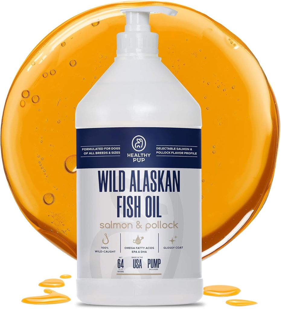 Wild Alaskan Salmon Oil for Dogs Pollock - 64 oz of Pollock and Salmon Oil, Omega 3, EPA, ja DHA - Koirat iho ja takki täydentää - Valmistettu USA