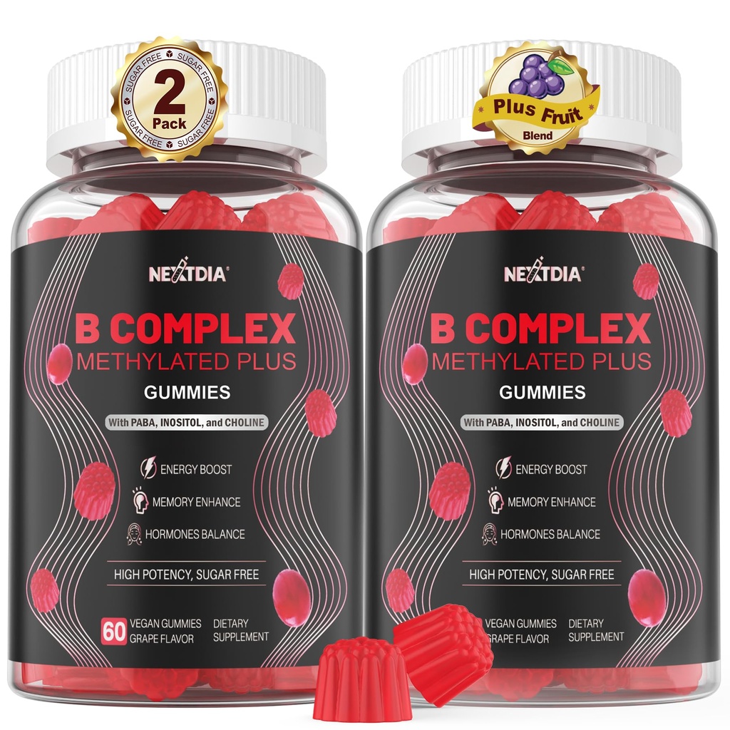 Brain & Mood Support Gummies, Super Vitamin B Complex för Män & Kvinnor, All B Vitamin B1 B2 B3 B5 B6 B7 Folate MethyB12 med PABA, Inositol, Choline, stöder MTHFR Gene & Energy, Vegan, 120Ct