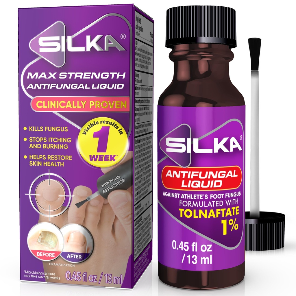 SILKA Max Strength Antifungal Liquid för Toenail Health med Brush Applicator, Resultat i 1 vecka, Nail Fungus Behandling för skadade tånaglar, idrottares fotbehandling, Tolnaftate 1% 0,45 Fl Oz