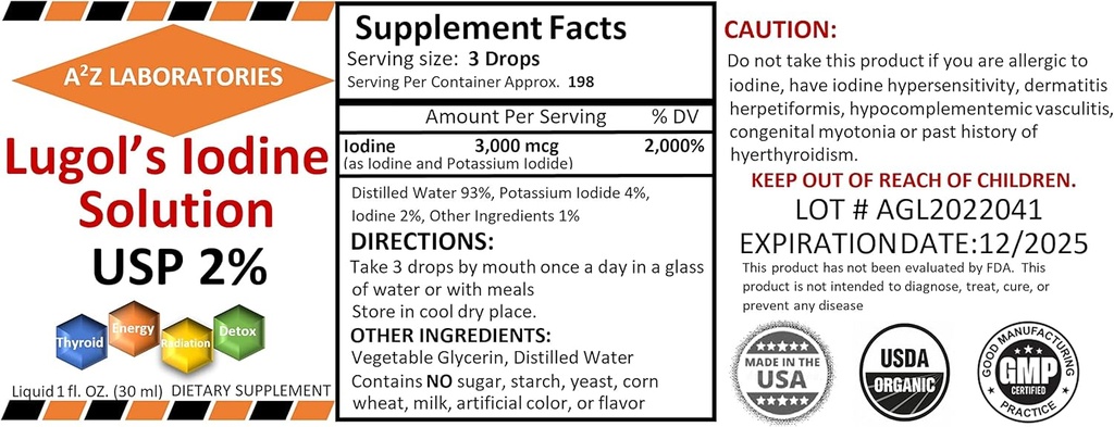 A2Z Organic Lugol's Iodine and Potassium Iodide 2% Solution 3000 mcg - Liquid Supplement Drops för sköldkörtelstöd för kvinnor och män, Metabolism Health, Detox Boost -1 Fl Oz/Made i USA/Same Day Ship