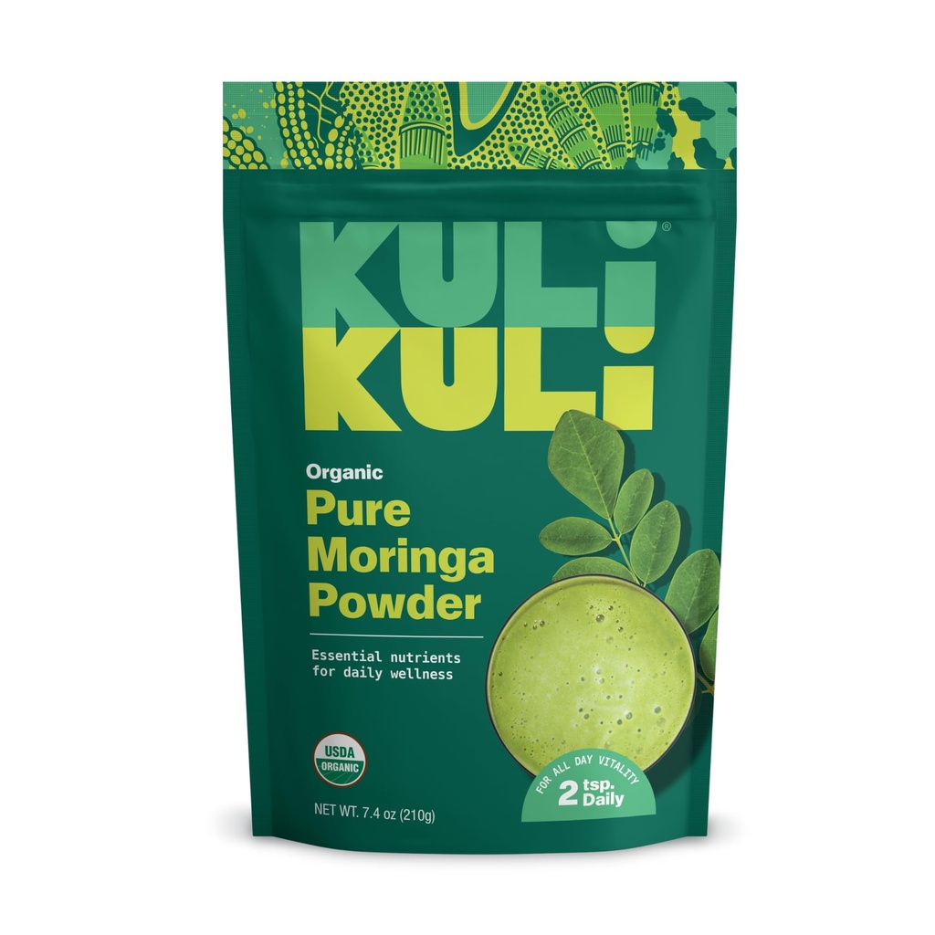Kuli Kuli Moringa Oleifera Organic Leaf Powder & Green Smoothie, 100% Pure USDA Certified & non-GMO Moringa Powder, Great with Smoothies, Tea, and Food, 1 Pack
