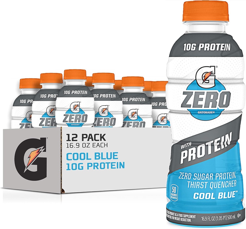 Gatorade Zero Proteiini, 10g Whey Protein Isolate, Nolla Sokeri, Kasvissyöjä, Liquid Electrolytes, Cool Blue, 16,9 Fl Oz pullo, 12 pakkaus