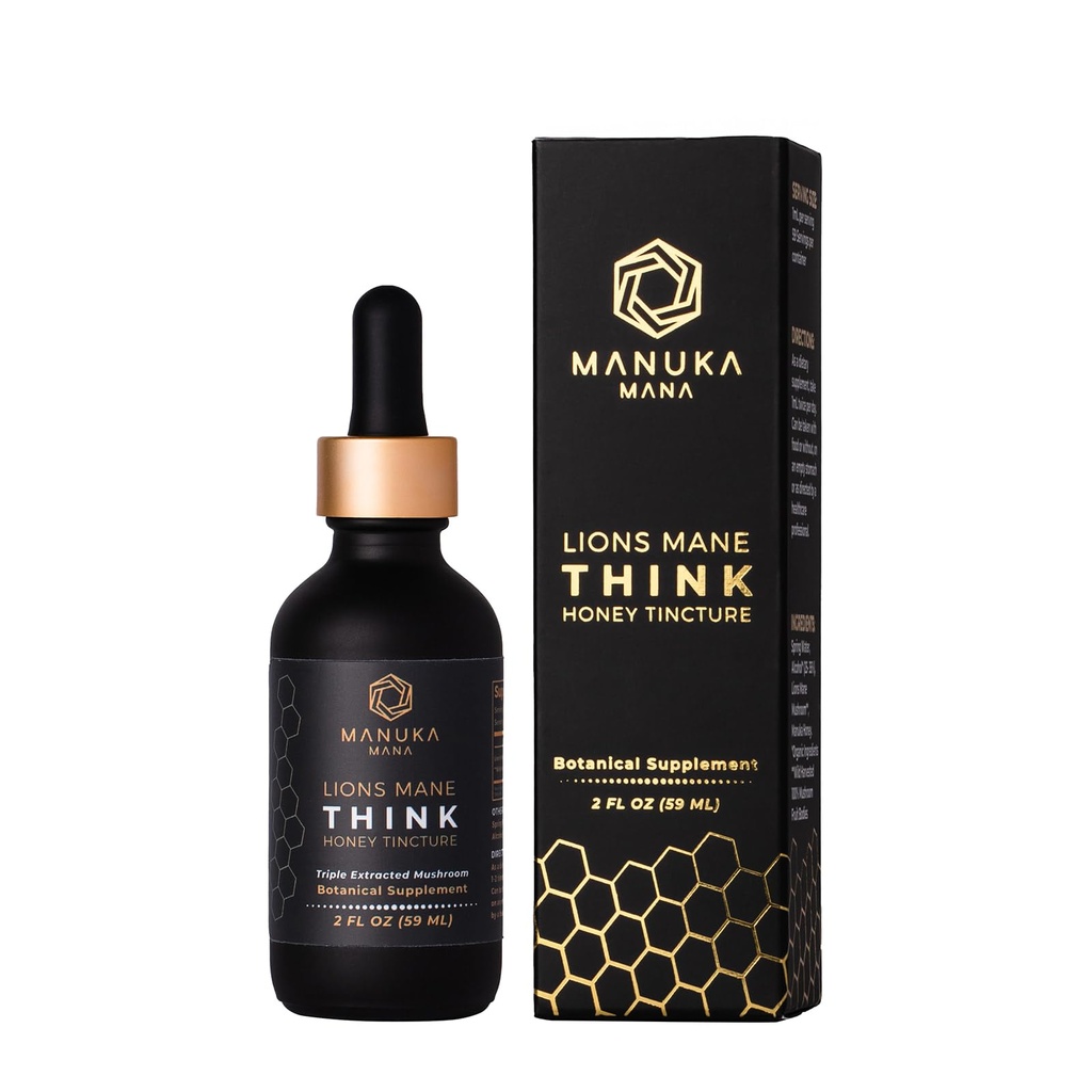 Lions Mane Think Honey Tincture USA Wild Harvested Lions Mane, Triple Extracted Tincture, Manuka Honey (MGO 150+), 100% Fruiting Body, 2 fl oz (60 portioner)