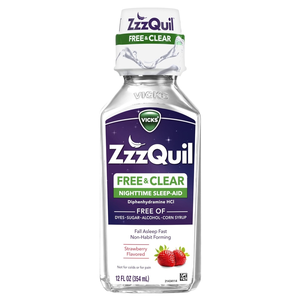 ZzzQuil, Nighttime Sleep Aid Liquid, ilman alkoholia ja keinotekoisia väriaineita, 50 mg Difenhydramiini HCl, nro.1 Sleep Aid -tuotemerkki, Syksyn unilääke, Non-Habit-muotoilu, Rauhoittava Berry Flavor, 12 FL OZ