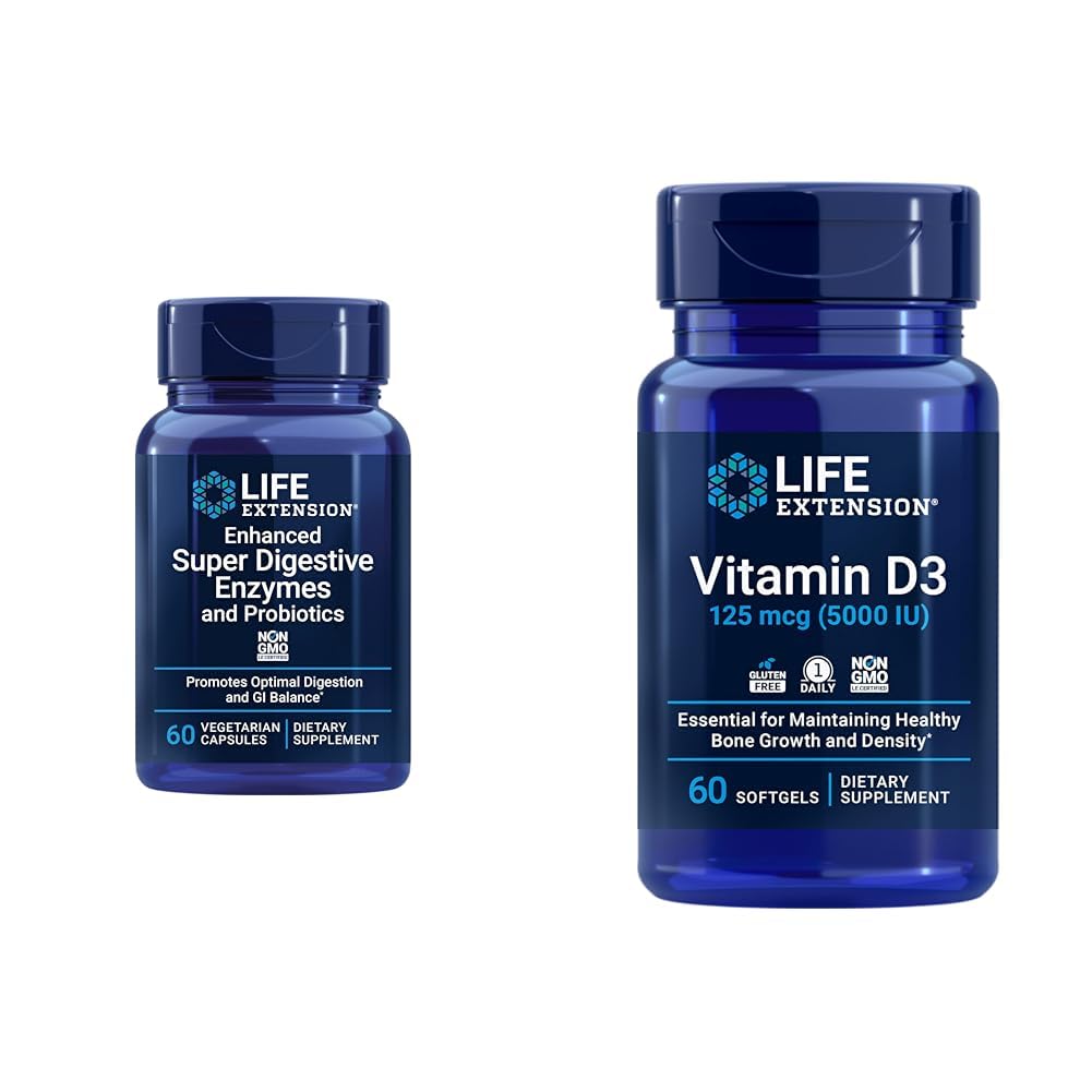 Life Extension 60 Count Super Dgestive Enzymes & 5000 IU D3- vitamiinin kapselit digestio, luu, aivot, Immuunijärjestelmä