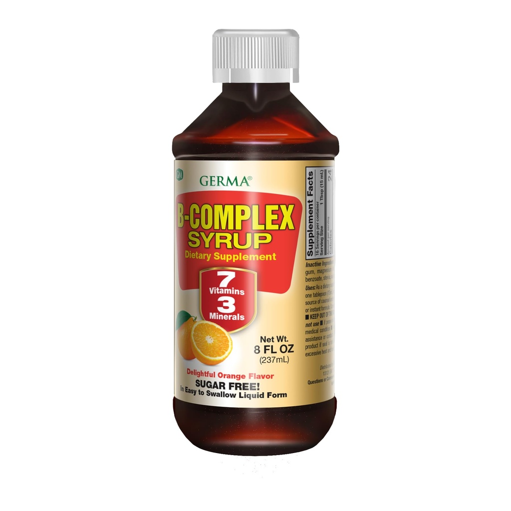 Germa B-kompleksisyrup, ravintolisä. Luuterveys, kasvu ja kehitysapu. Sokeriton. Orange Flavor. 8 oz