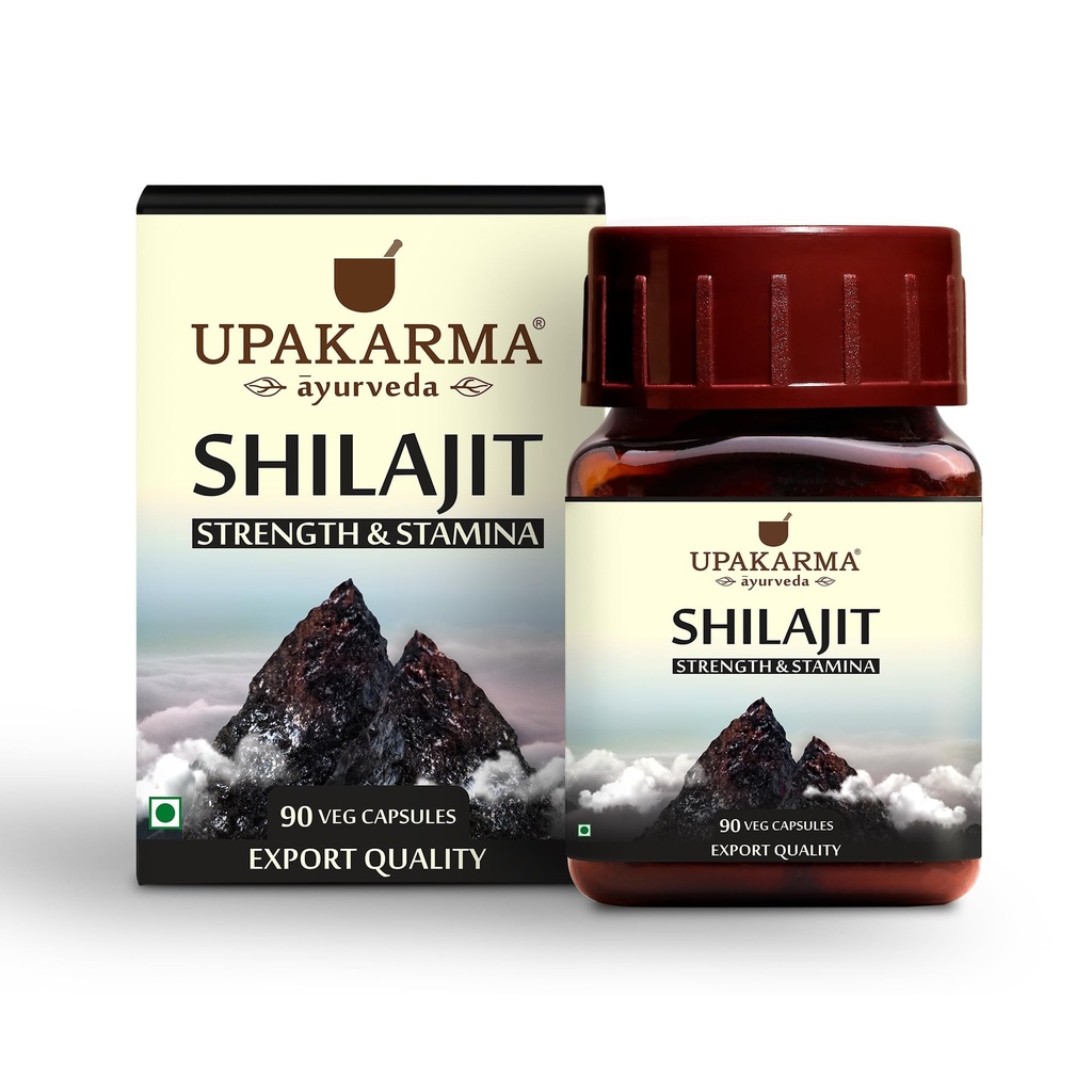 Upakarma Ayurveda 100% Pure Shilajit 90 kapselia vahvuutta,Stamina,Immuunituki, luonnollinen lähde Fulvic Acid & Trace Minerals-1000 MG 2 kapselia(päiväannos), 45 päivän toimitus - pakkaus 1