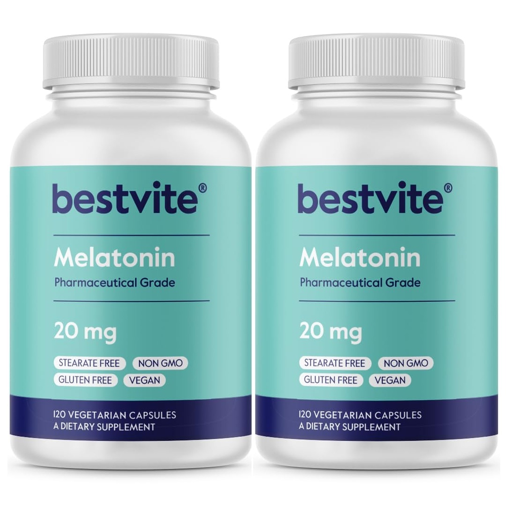 BESTVITE Melatoniini 20 mg (240 kasviskapselia) (120 x 2) - Ei stearaattia - Vegan - Ei muuntogeenisiä organismeja - Gluteeniton