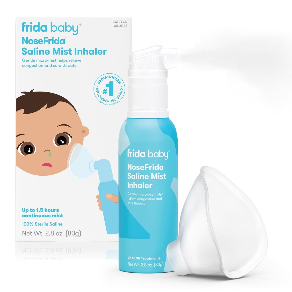 Frida Baby NoseFrida Saline Mist Nasal Inhaler, Decongestant Spray för trängsel och allergi lättnad för barn + barn, Nasal Saline Spray, lugnande näsa och ont i halsen, Inkluderar mask