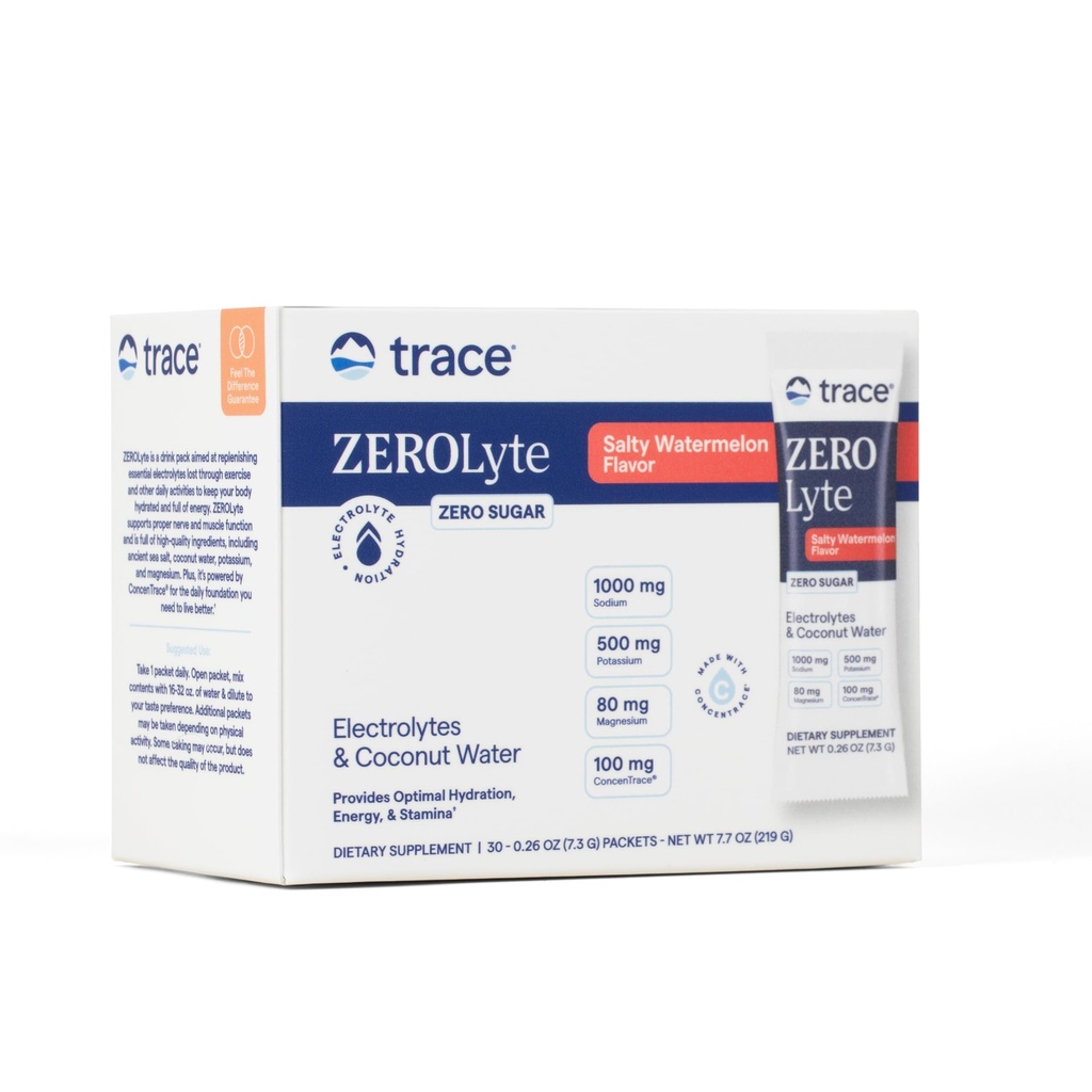 Trace Minerals ZeroLyte - Natrium & Electrolyte Replenishment - Energy & Hydration Support Drink Powder - Nerve & Muscle Function Support - Suolainen vesimeloni, 30 Packets (30 tarjoilua)