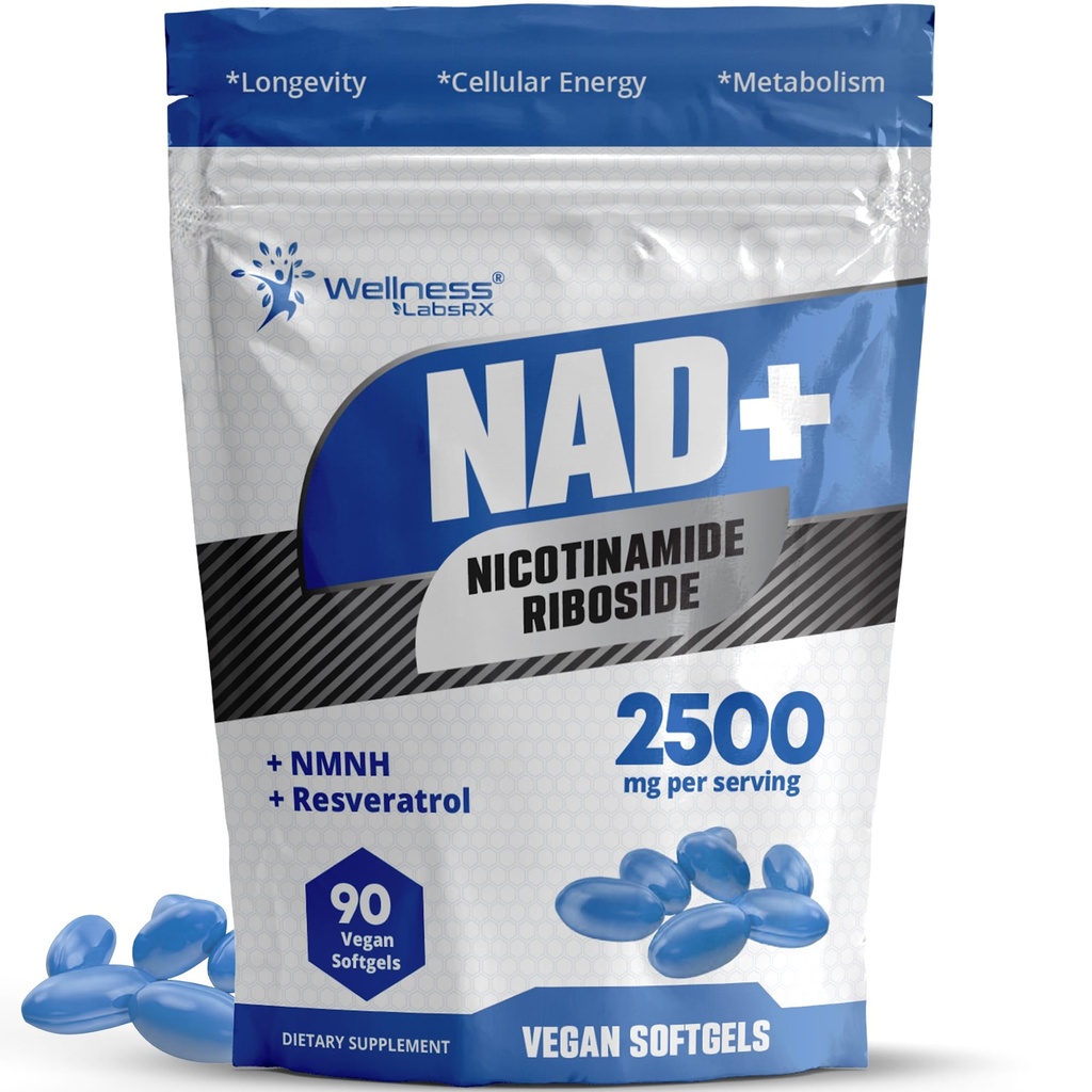 WELLNESS LABSRX Liposomaalinen NAD+ Supplement - kolmannen osapuolen testattu NAD Softgels Nikotinamidi Ribosidi Resveratrol - 2500mg Liposomal NAD täydentää naisten - pitkäikäisyys tuki - valmistettu Yhdysvalloissa