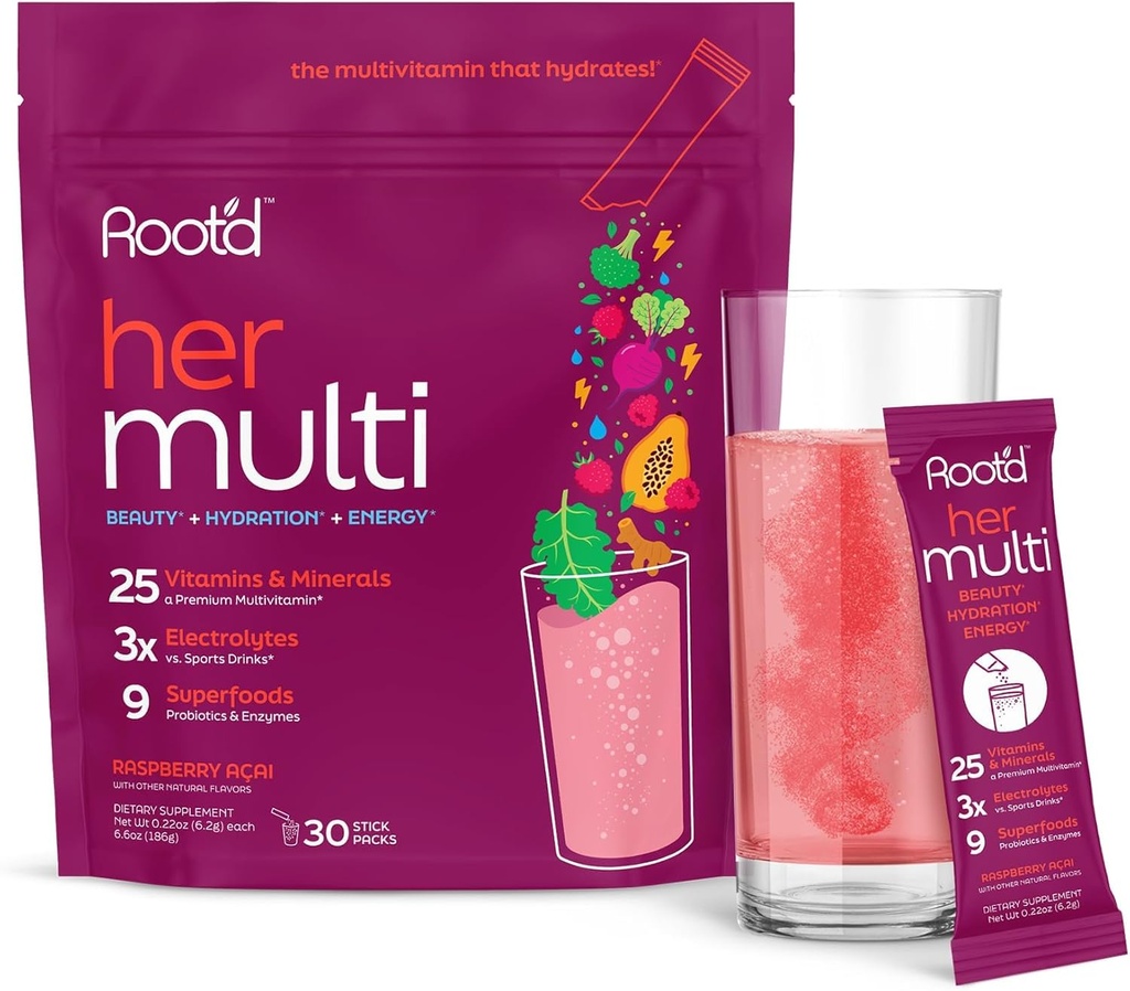 Root'd Multivitamiini Powder for Women - 25 vitamiineja & Mineraalit 3X Elektrolyyttejä, 9 Luomu Superfoods, Probiootit & Entsyymit, Sokeriton Multivitamiini & Hydration 30 Vitamiini juoma Mix Packets