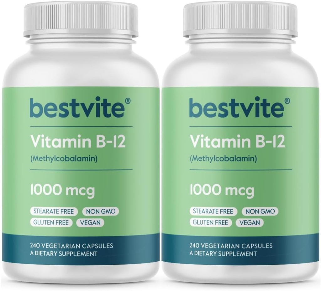 BESTVITE B12-vitamiini (Metyylicobalamiini) 1000 mcg (480 kasviskapselia)(2 x 240) (Metyyli B12) - Ei stearaattia - Vegaani - Ei muuntogeenisiä organismeja - Gluteeniton
