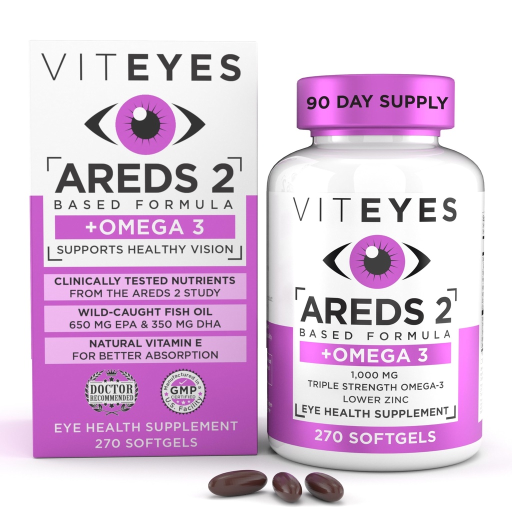 Viteyes AREDS 2 + Omega-3 Macular Support Softgels, Plus Triple Strength Omega-3 (650 mg EPA, 350 mg DHA) för hjärthälsa och ögonhälsa, ögonvitaminer, Vision Supplement, 270 Softgels