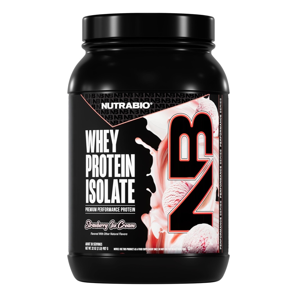 NutraBio 100% Whey Protein Isolate Protein Powder, 25g Protein med komplett Amino Acid Profile, Non-GMO, Soy & Gluten Free, Low Carb, Low Calorie Whey Protein Powder, Strawberry Ice Cream, 2 Lbs