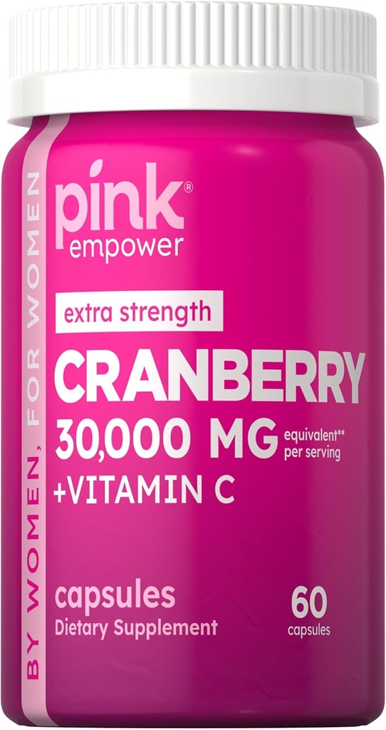 PINK Cranberry Pills för kvinnor | 60 kapslar | Plus Vitamin C | Non-GMO & Gluten Free Extract Supplement | Stöder Urinary Tract Health