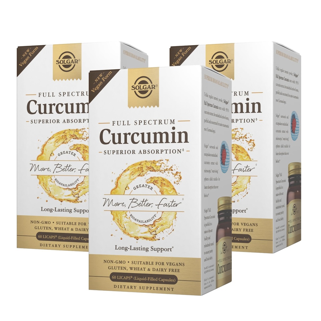 Solgar Full Spectrum Curcumin - 60 LiCaps, 3 pakkaus - Superior Absorptio - Aivot, Joint & Immuuniter Health - Ei-GMO, Vegaani, Gluteeniton, Dairy Free - 180 yhteensä