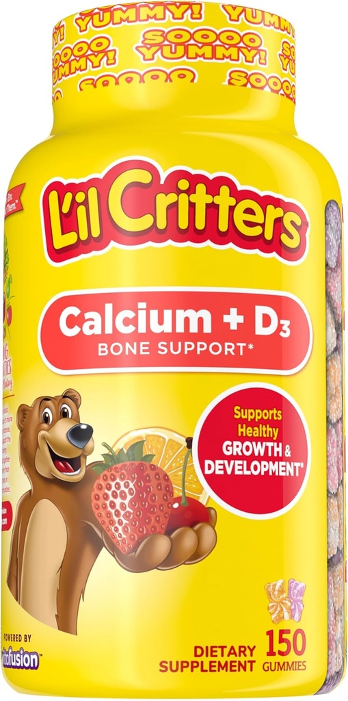 L'il Critters Calcium + D3 Daily Gummy Supplement för barn, för benstöd, apelsin, jordgubbar och körsbär smaker, 150 gummies