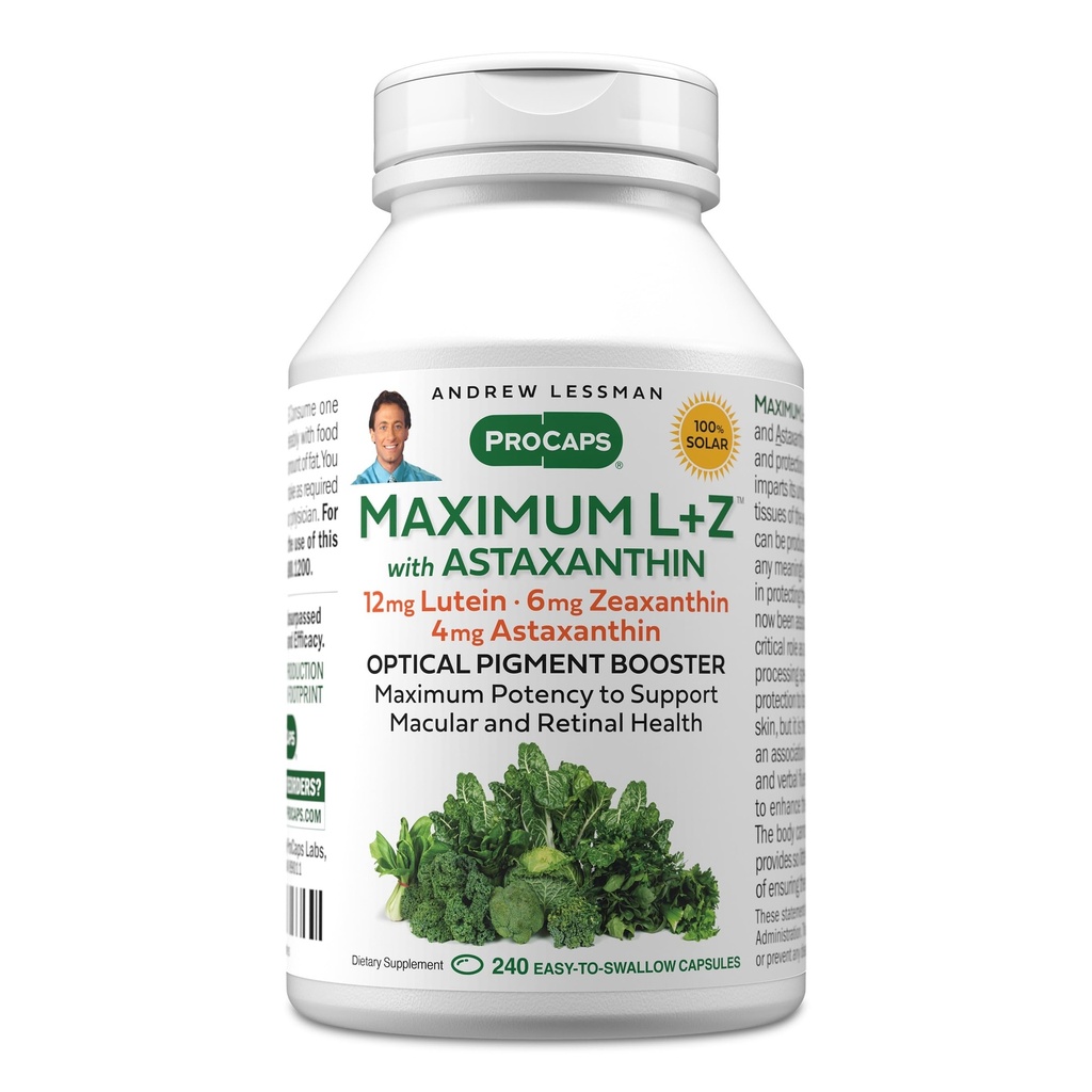 ANDREW LESSMAN Maksimi L+Z Astaksantiini 240 Softgels - 12 mg Lutein, 6 mg Zeaksantiini, 4 mg Astaksantiini. Avainravinteet silmien ja aivojen terveyden tukemiseksi ja terveen vision edistämiseksi.