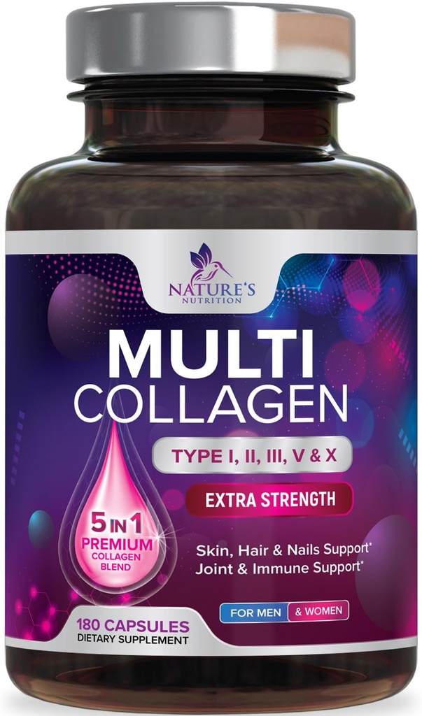 Multi Collagen Supplement 2400 mg - Tyypit I, II, III, V & X Multi Collagen Peptides pillerit naisille ja miehille, hydrolysoitu kollageeni lisäravinteet, hiukset, iho, kynsi, & Joint Support Supplement - 180 kapselia