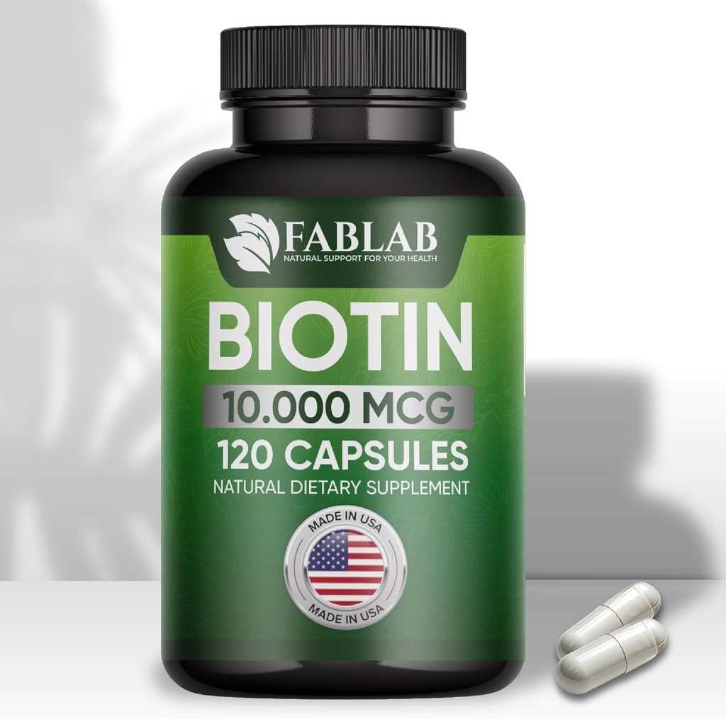 FabLab Biotin 10000 mcg Vitaminer med Collagen, Keratin för kvinnor och män - Biotin Hair Skin Nails Supplement för hår, hud och naglar Wellness - Tillverkad i USA, 120 kapslar
