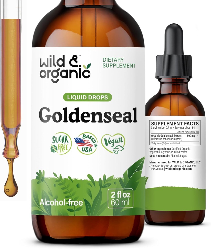 Wild & Organic Goldenseal Root Tincture - Lung Cleanse, Immuno & Dgestive Support - Liquid Goldenseal Supplement - Vegaani, sokeri & alkoholiton Herb Drops - 2 fl oz
