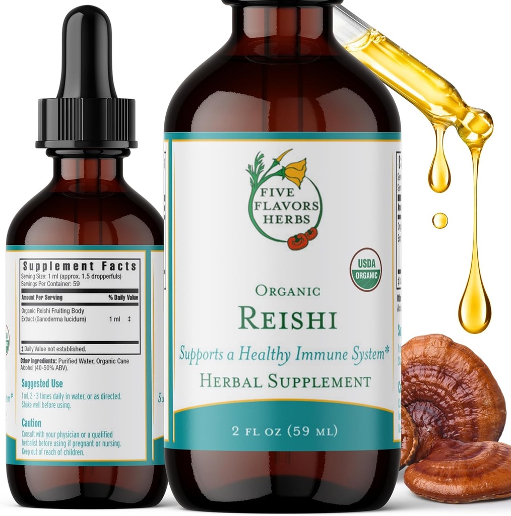Reishi Tincture - Hermoston ja immuunijärjestelmän tuki, hengityselinten, sydän- ja verisuonitautien ja aineenvaihduntasairauksien hoitoon, keskittymiskyky ja rauhallisuus, kasviperäisten täydentää - 2 Fl Oz