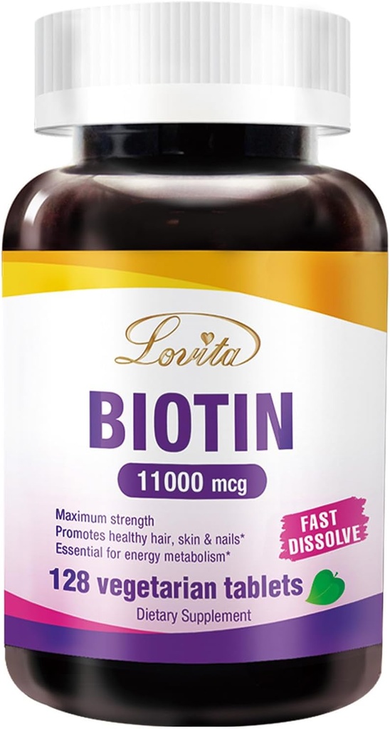 LOVITA Maximum Strength 11 000 mcg Biotiini: Nopeasti liukeneva kasvistabletti - helposti imeytynyt, gluteeniton ja maidoton 128 vegaani- ystävällistä tablettia