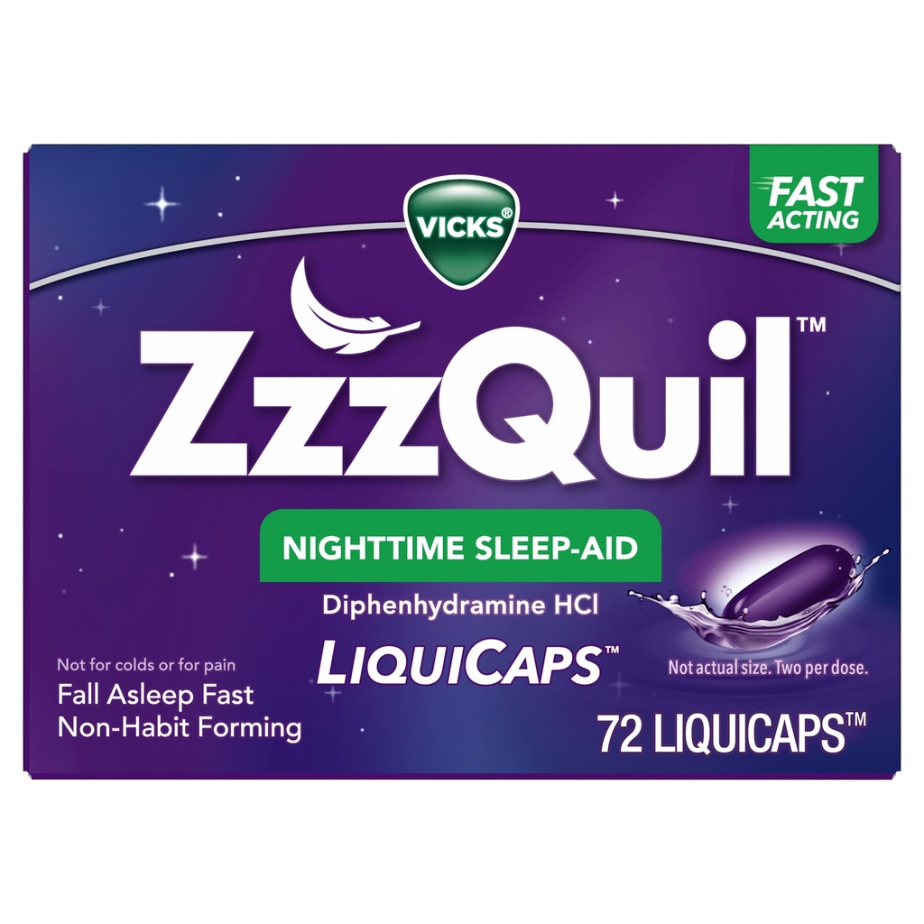 ZzzQuil LiquiCap uniapu, Difenhydramiini 25 mg HCl, unilääkkeet aikuisille, yöuniapu, 72 LiquiCaps