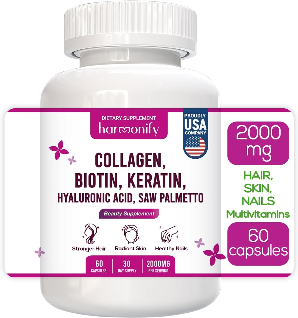 Kollageeni Biotin Keratin Hyaluronic Acid Complex Complex E-vitamiinin, foolihapon, kurpitsansiemenen ja MSM:n, 60 kapselia, 1000 mg