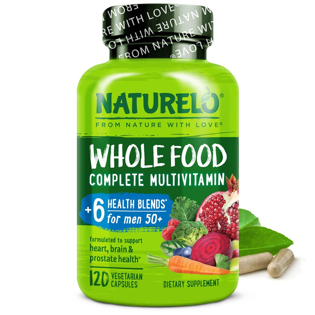 NATURELO Whole Food Multivitamin för Män 50 + - med vitaminer, mineraler, organiska växtbaserade extrakt - Vegan Vegetarian - för energi, hjärna, hjärta och ögonhälsa - 120 kapslar
