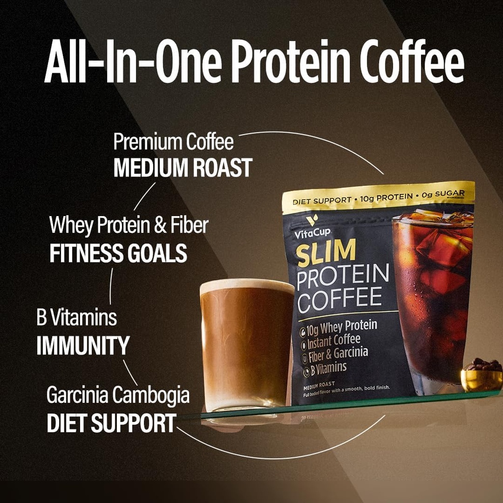 VitaCup Slim Protein Coffee Shake for Diet Support, Instant Coffee w/Whey Protein Powder, B-vitamiinit & kuitu, Dietian kehitetty suorituskykyä ja makua, make kuin jääkahvi tai Shake, 20 tarjoiluja
