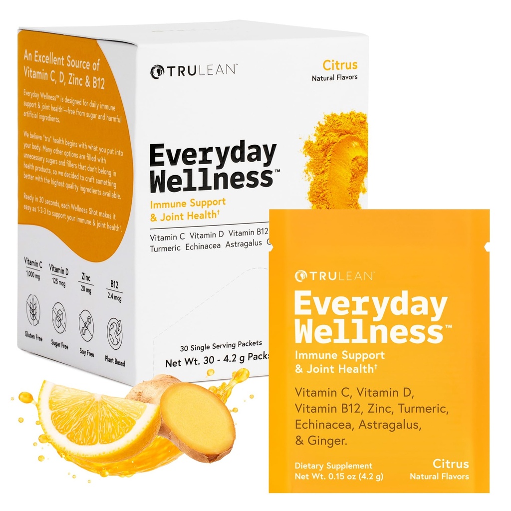 TRULEAN Everyday Wellness Shot Powder - Gurkmeja, Ginger, Vitamin C, Immunity & Immune Support Supplement - Inga konstgjorda ingredienser, No Sugar & Gluten Free - 30 Packets Citrus Flavor