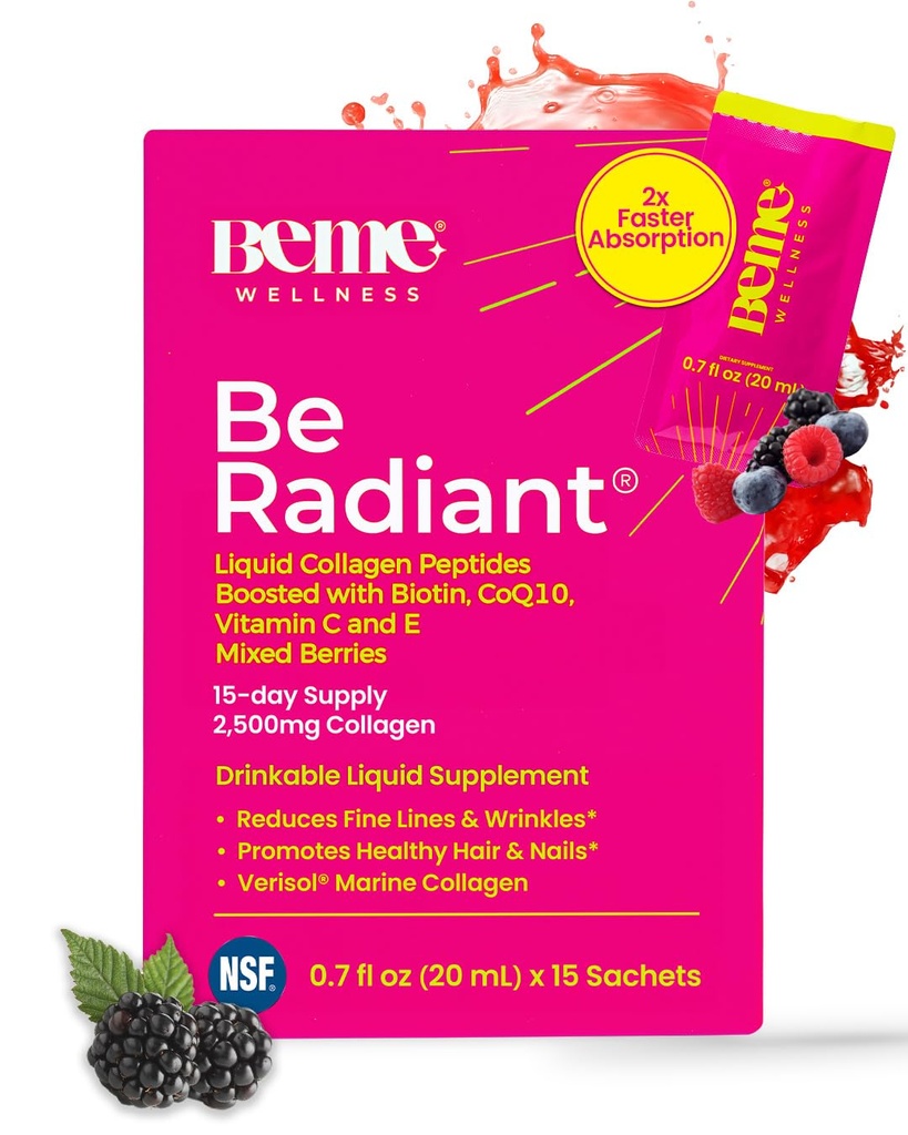 BeMe BeRadiant Liquid Collagen Peptide hiuksille, iho & kynnet 2X Nopeampi imeytyminen ... Kliinisesti testattu 2500 mg Verisol Hydrolysed Collagen täydentää naisten Biotiini, CoQ10 & C-vitamiini